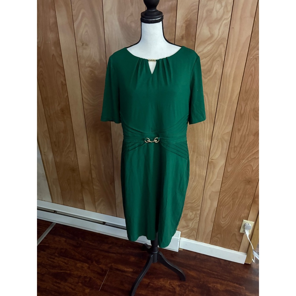 Ellen Tracy Womens Emerald Green Keyhole Sheath Dress Size 12 Pleated